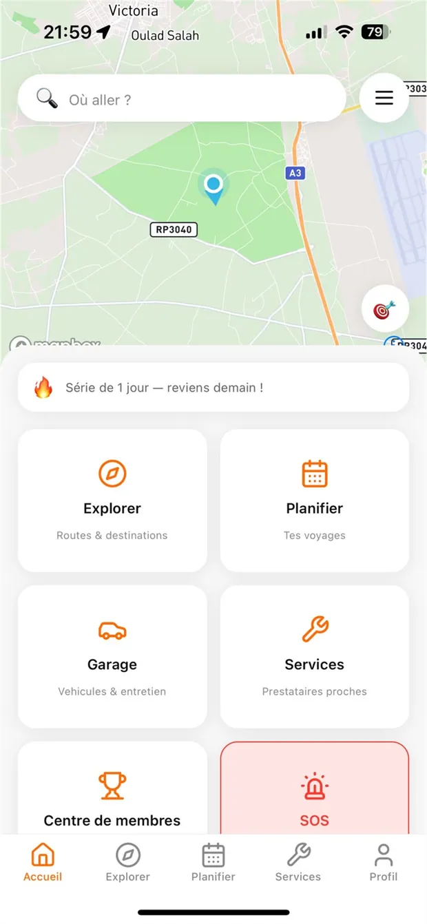 Écran Planification de trajets de l’application KHARJA