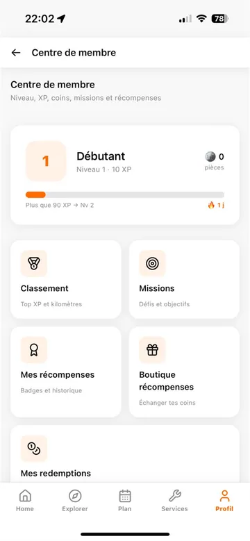 Écran Récompenses de l’application KHARJA