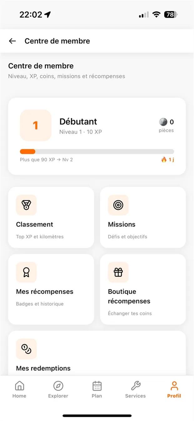 Écran Récompenses de l’application KHARJA