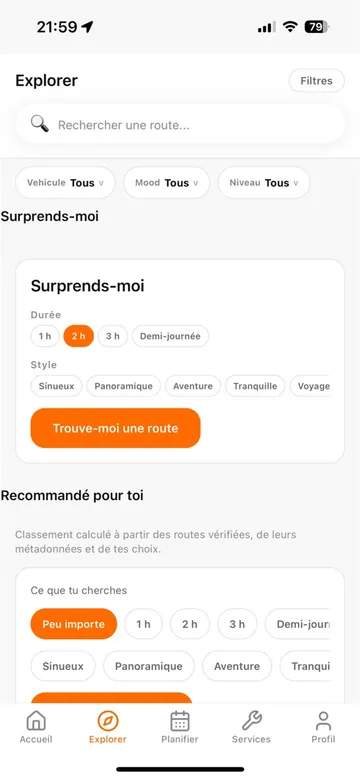 Écran Explorer de l’application KHARJA