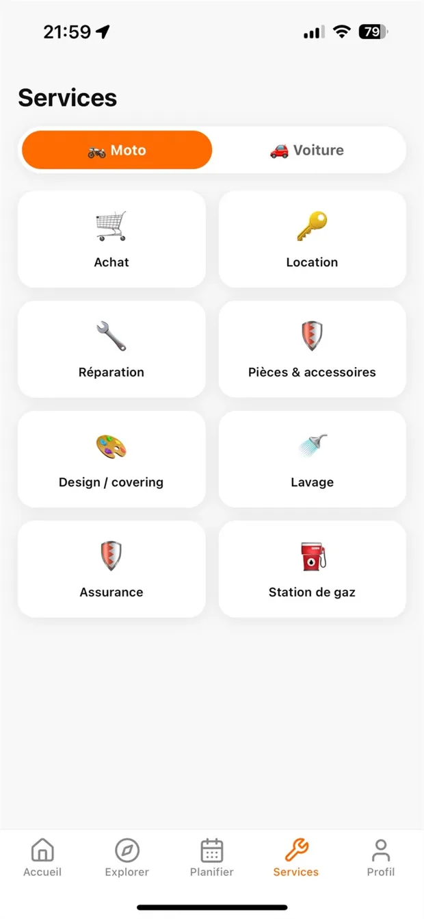 Écran Services auto et moto de l’application KHARJA